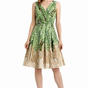 TALBOTS Petites Women’s Fit & Flare Green & Tan Leaf Print Dress Size 4P
